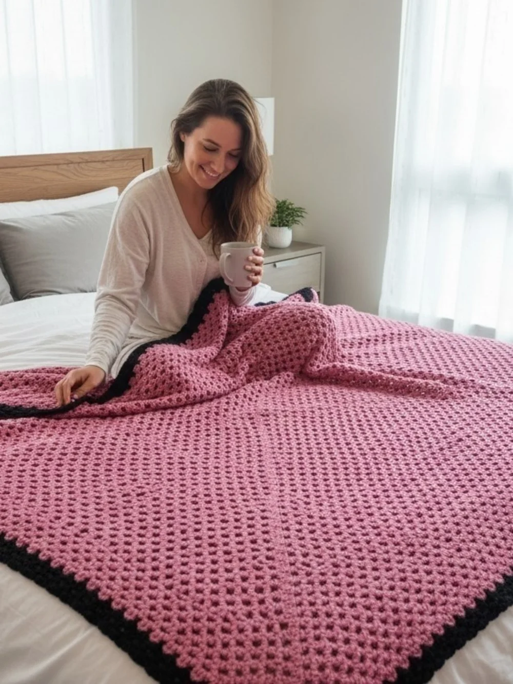Pink Crochet King Or Queen  with Black Trim - Home Bedding