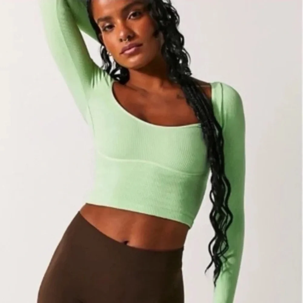 Free People Meg Rib Long Sleeve Cropped Top Light Green Size L/XL NWT