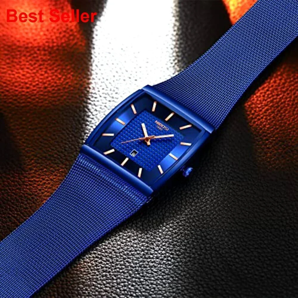 Stainless Steel Square Analog Quartz Watch with Mesh Strap