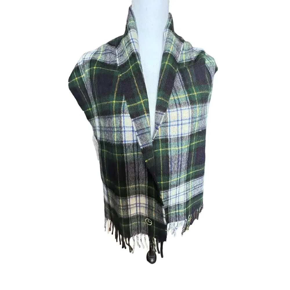 GoldLion 100% Wool Scarf Made In‎ Scotland Green White Plaid Fringe 56