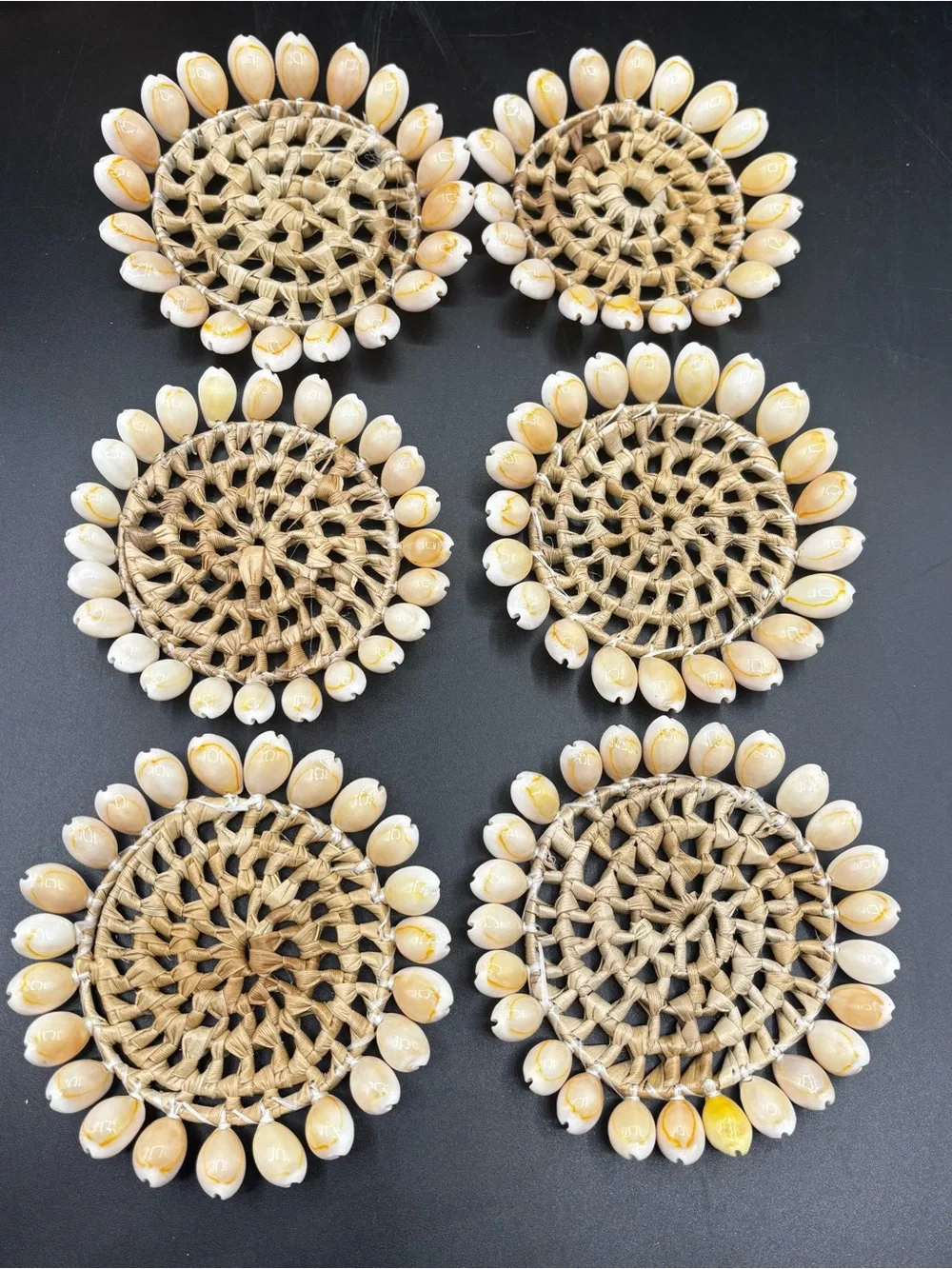 Vintage Coaster Set Hand Woven Straw Palm Basket and Six Cowrie Shell Coasters
