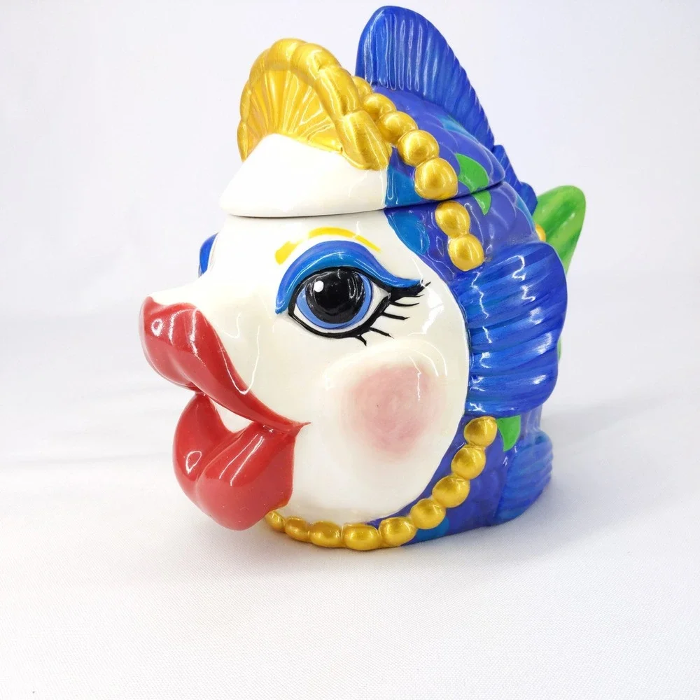 Katherine's Collection Kissing Fish Jar Blue Whimsical Ceramic Lidded Canister