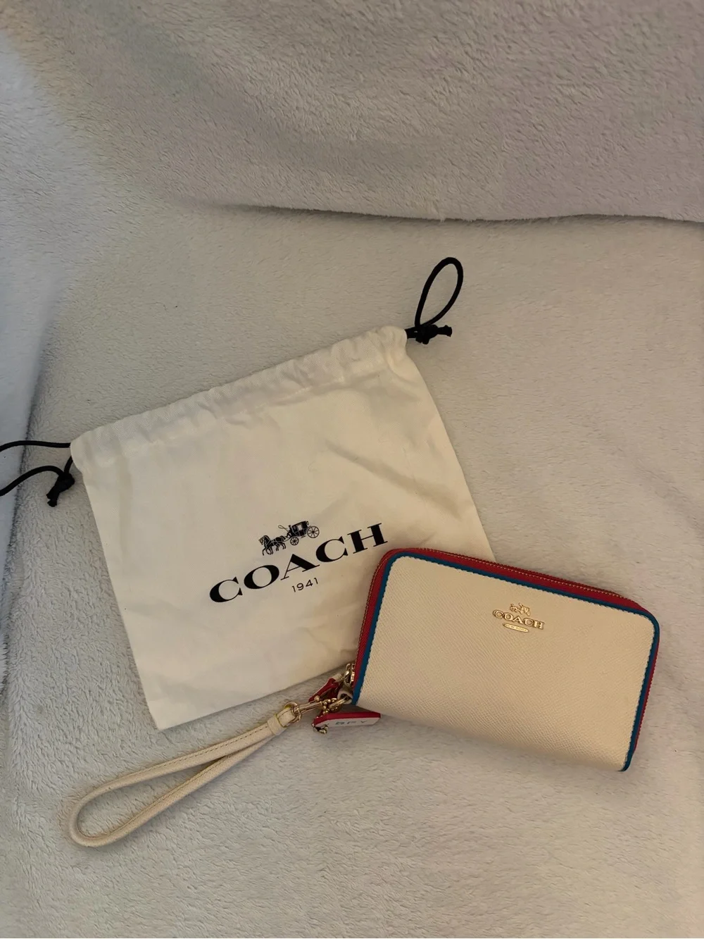 Coach Chalk Pebbled Leather Wristlet Wallet with Red & Blue Trim