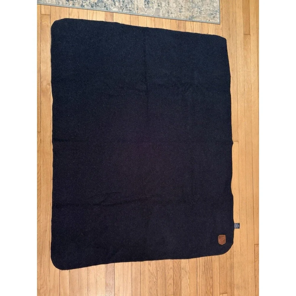 Vtg Ralph Lauren Navy Blue Fleece Throw Blanket Leather Patch 50x68