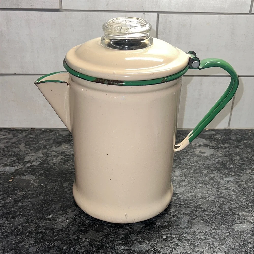 Vintage Pyrex Cream and Green Enamel Coffee Pot.  Camping Collectors Item