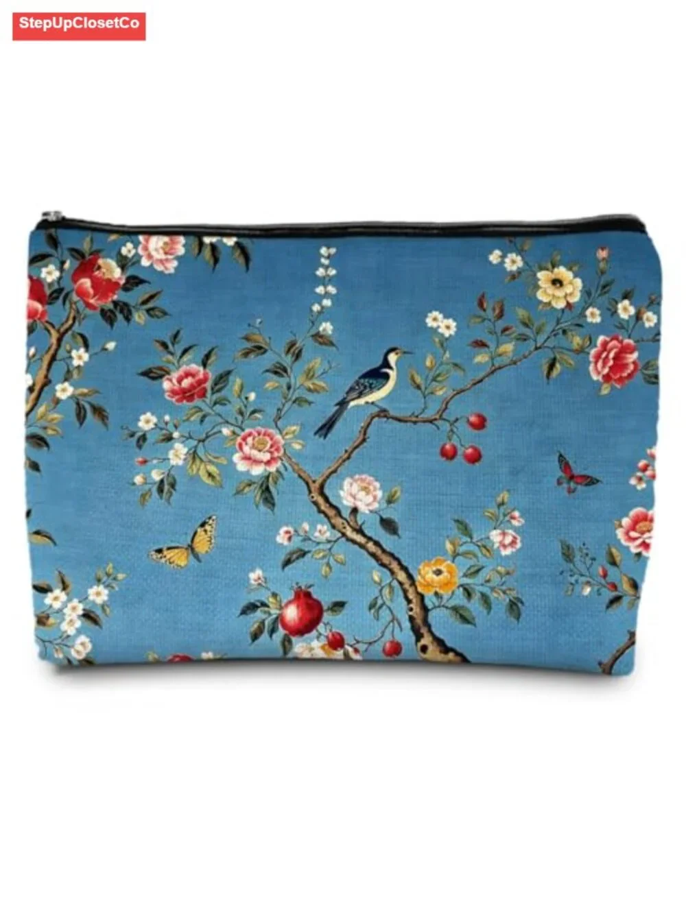 Vintage Chinoiserie Floral Makeup Bag Linen Travel Cosmetic Pouch