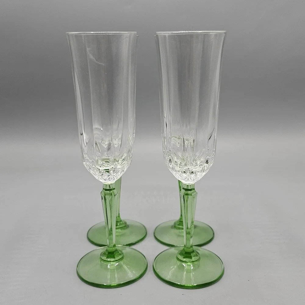 Vintage 90's St George Crystal Glendale Champagne Flutes Set Of‎ 4 Green Stem