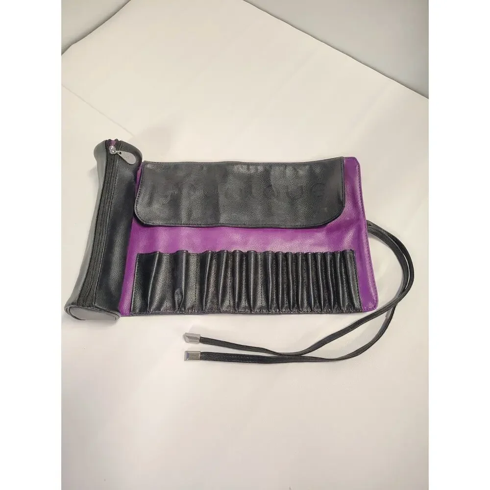 Younique Makeup Brush Case Roll Up Bag Zipper Pouch & Tie-15 slots Black Purple
