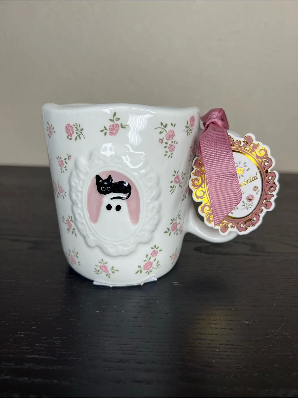NEW Sunday Morning Ceramics Pink Floral Ghost with Cat Portrait Mug