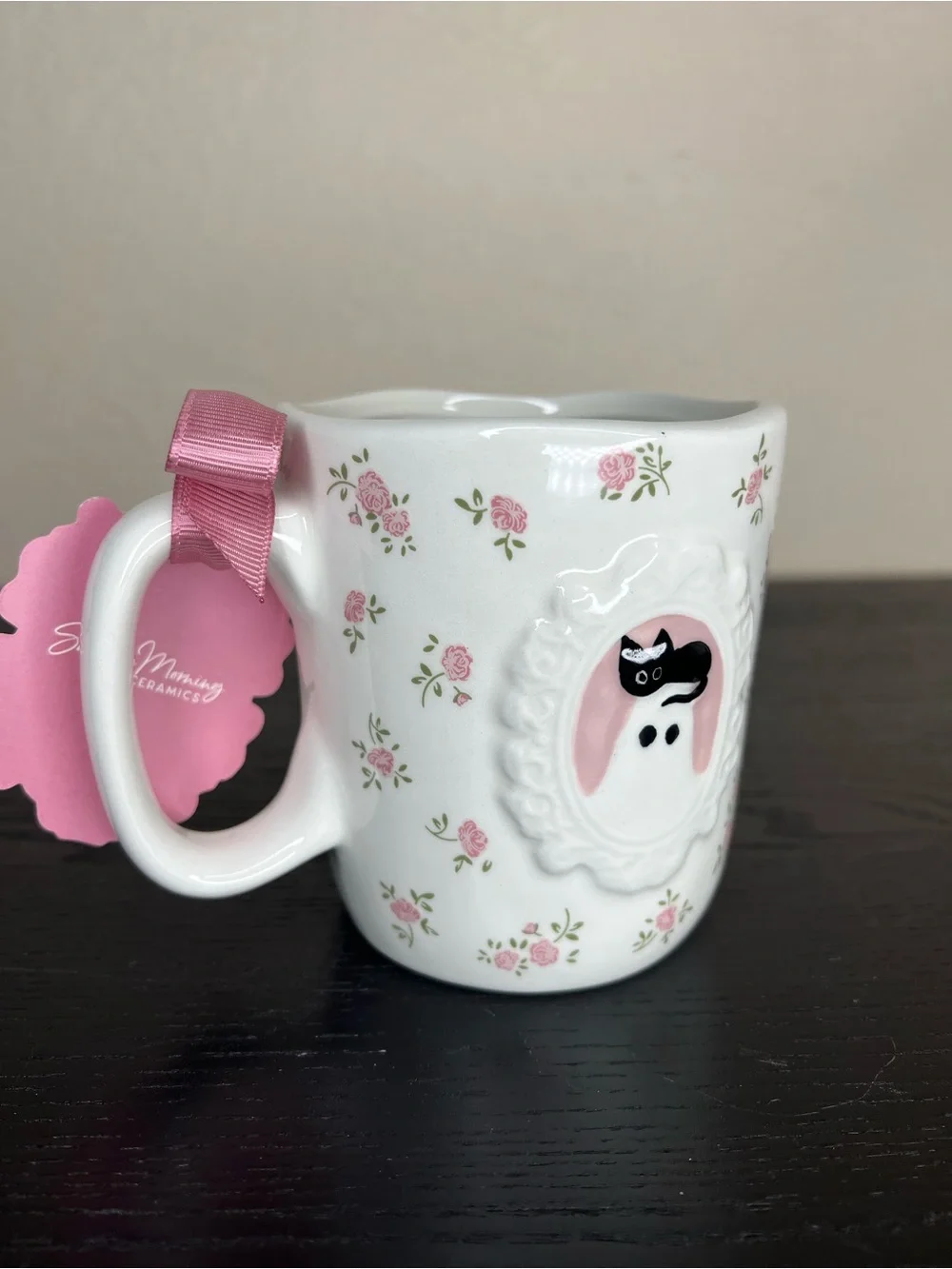 NEW Sunday Morning Ceramics Pink Floral Ghost with Cat Portrait Mug