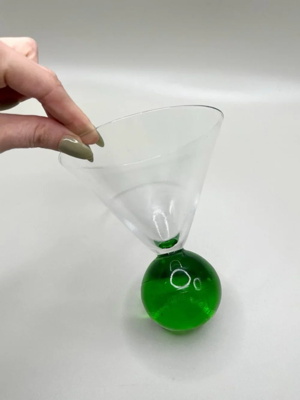 Vintage Postmodern Memphis Style Hand Blown Art Glass Martini Glass Green Orb
