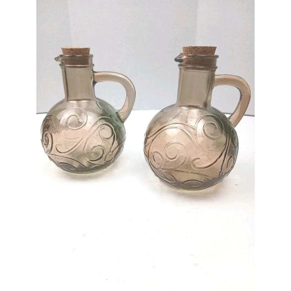 Set of 2 Glass Cruets Pitchers Jars 5-1/2 Inches Amber Brown