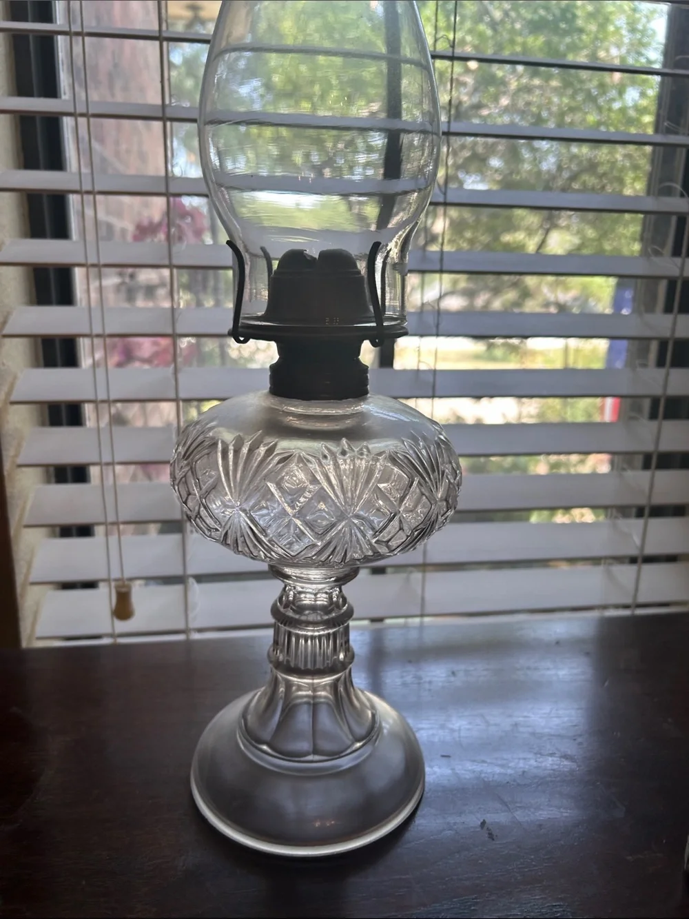 Vintage Antique Clear Glass Oil Lamp with Etched Pattern