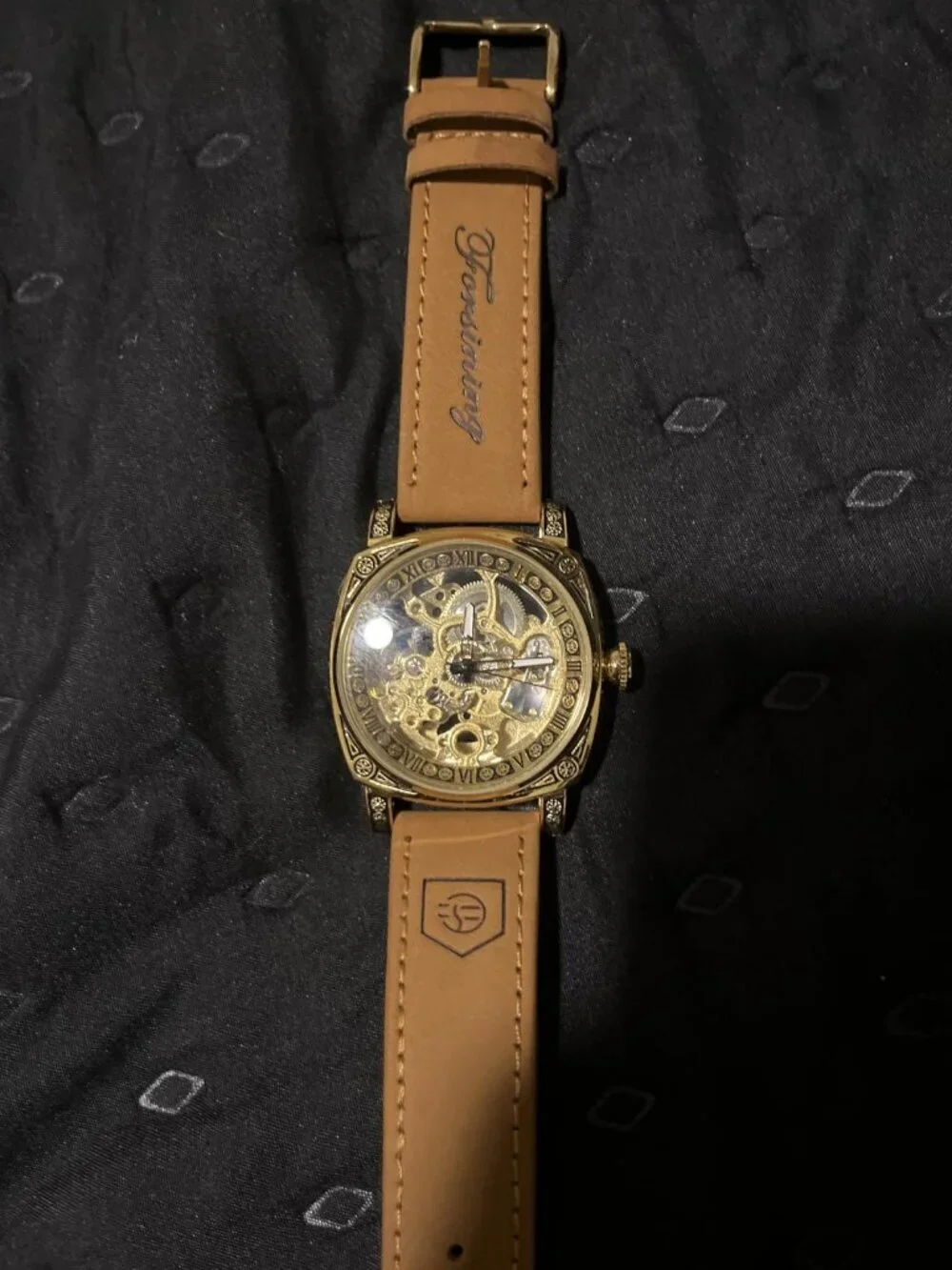Men's Brow Gold Square Mechanical Leather Strap Self-Wind Carved Automatic Watch