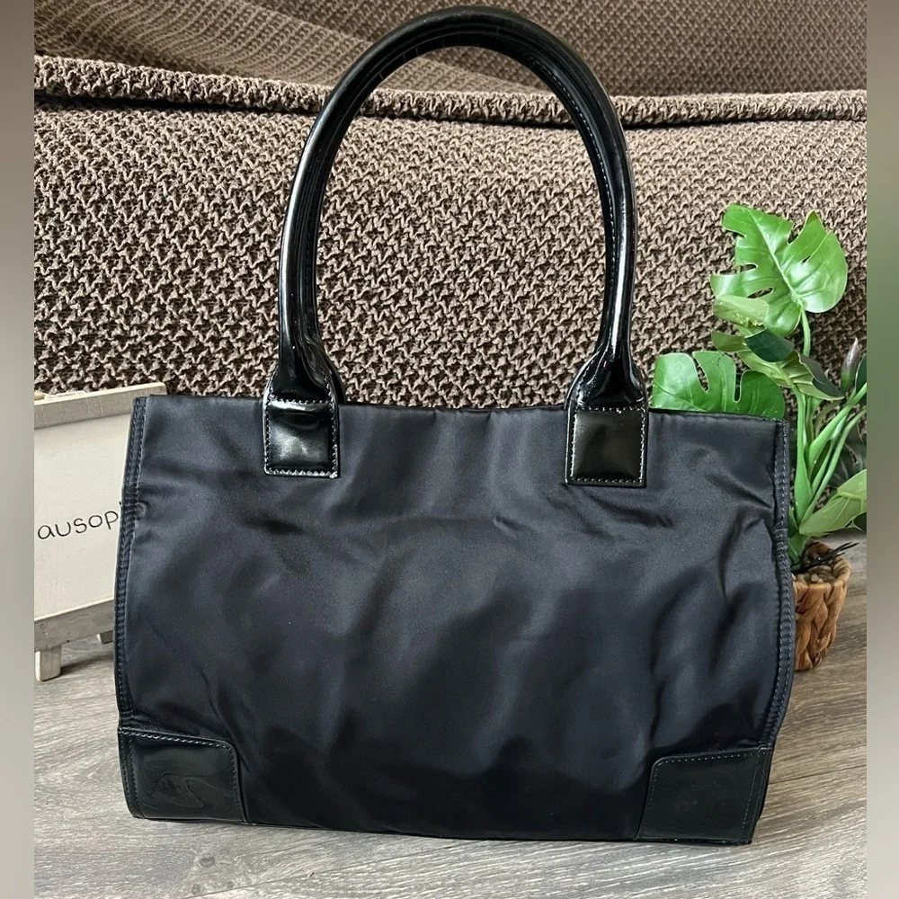 Tory Burch Mini Ella Tote Bag in Black Nylon and Black Patent Leather Trim