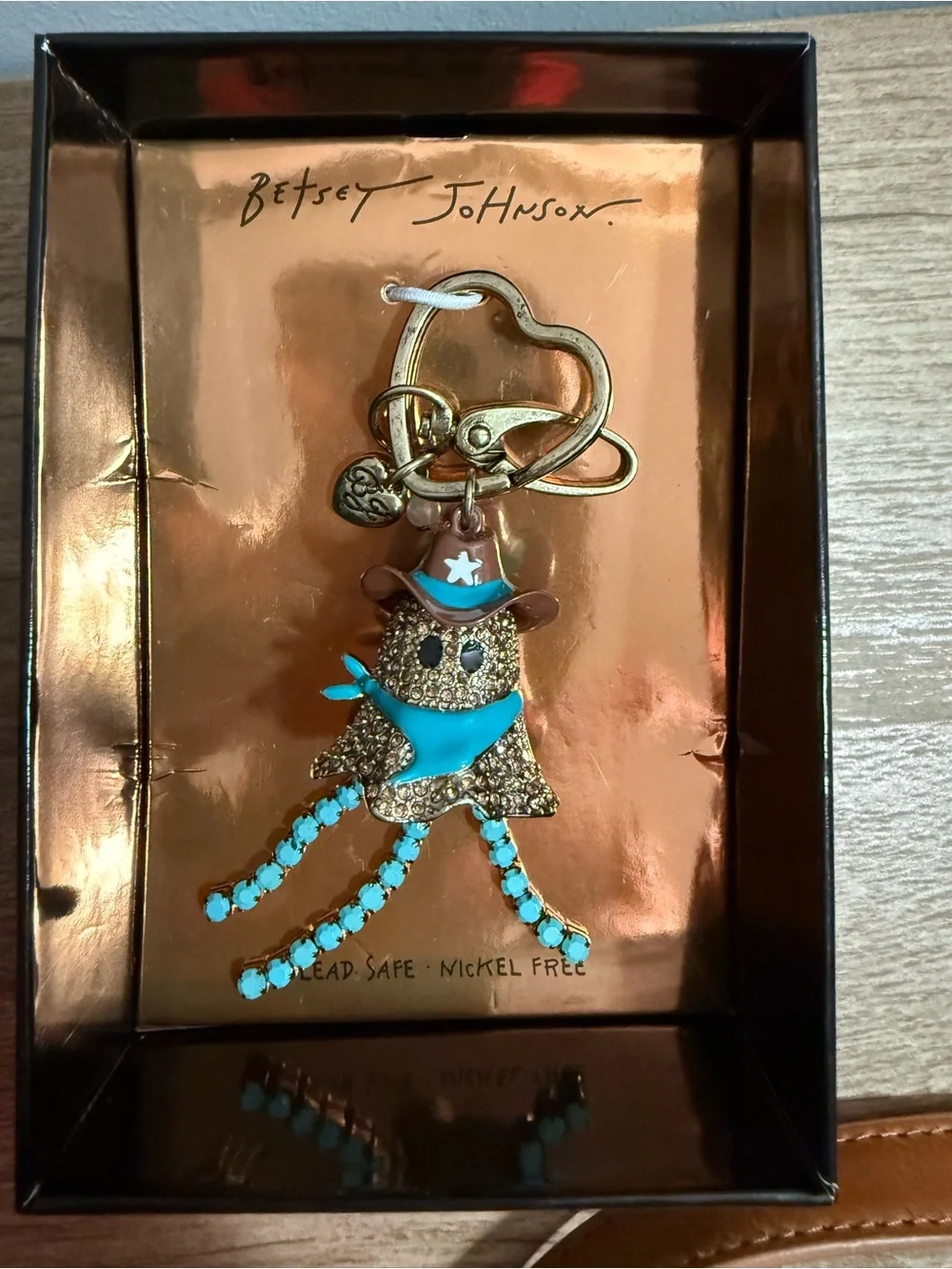 Betsey Johnson Turquoise and Gold Cowboy Bird Keychain Charm, NWT