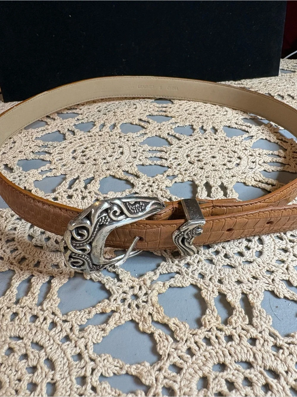 Coldwater Creek Tooled Tan Croc-Embossed Leather Belt with Ornate Silver Buckle