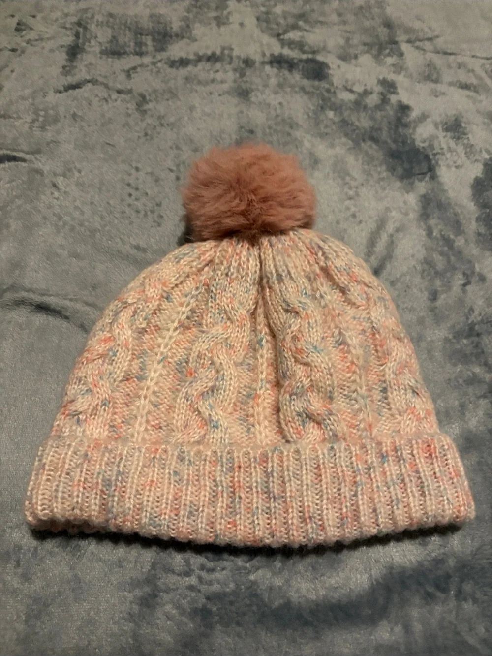 Cable-Knit Pastel Pink Pom Beanie