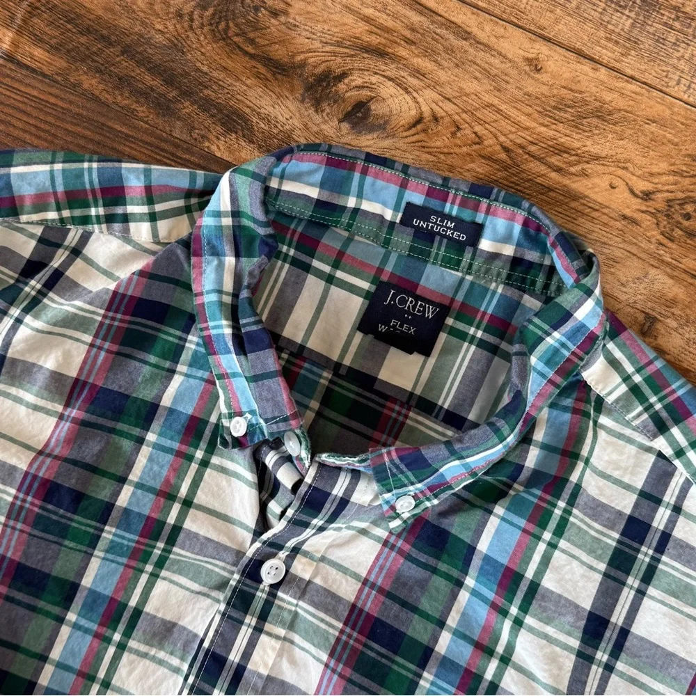 J.Crew Flex Washed Plaid Button Down Shirt Slim Untucked Fit XL Preppy‎ Classic