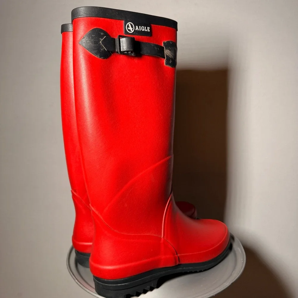 Aigle Riding Rain Boots Womens 38 US 7 Red Rubber Waterproof Tall France‎ Buckle