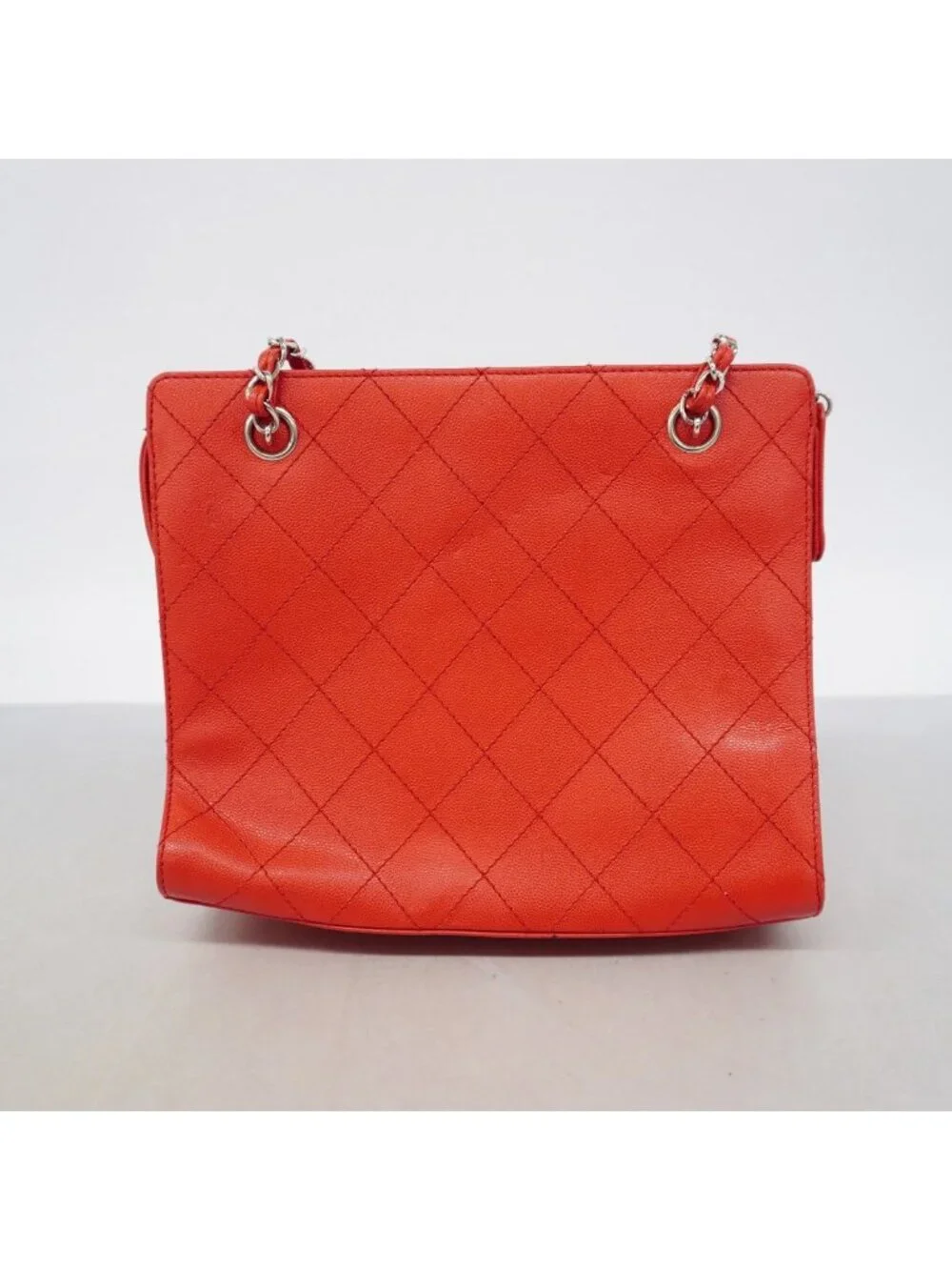 Chanel Chain Tote Quilted Caviar Leather Red Silver
