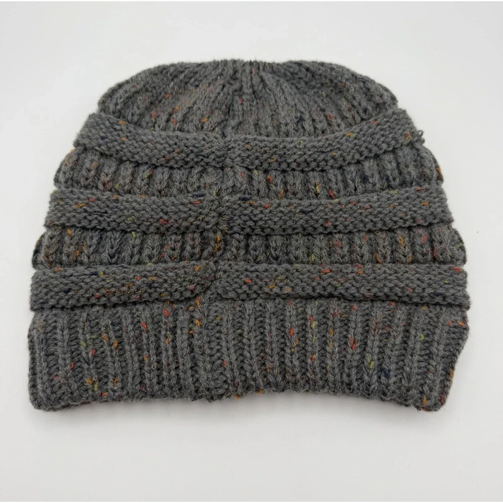 C.C. Exclusives Beanie Ponytail Messy Bun Gray Confetti Ribbed Knit Beanie Hat