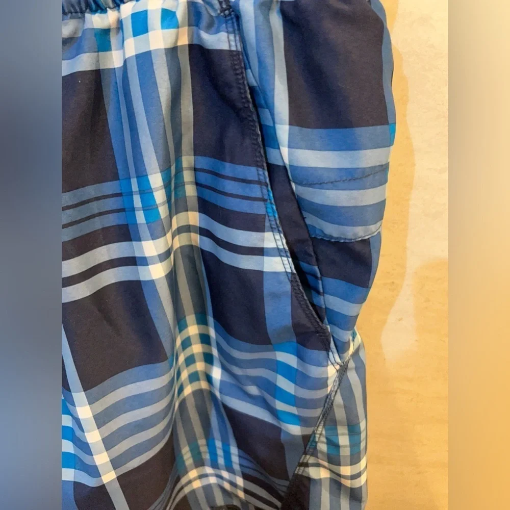 The North Face Navy and Light Blue Plaid Swim Shorts