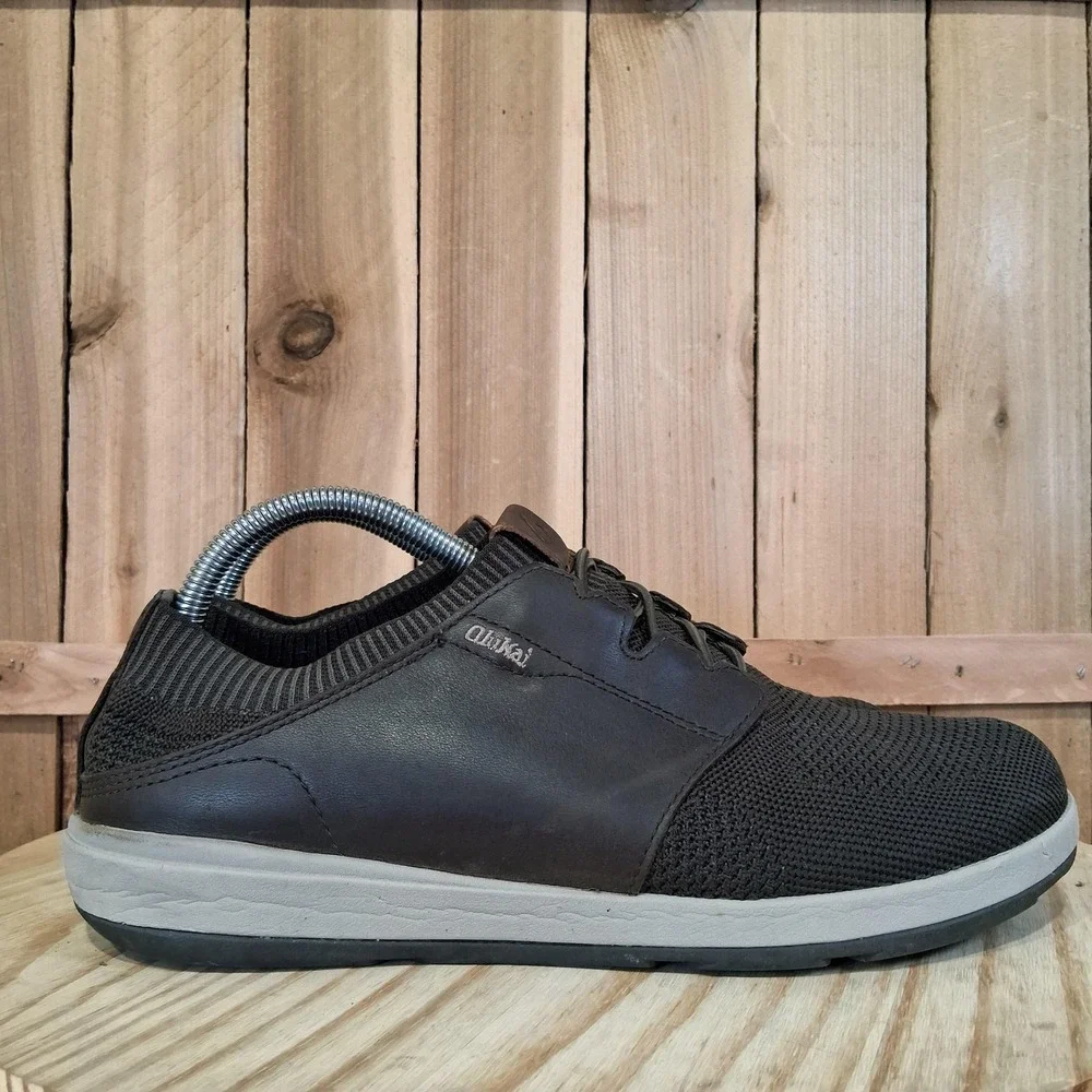 OluKai Makia Ulana Shoes Mens Size 8.5 Brown‎ Leather Knit Casual Sneakers