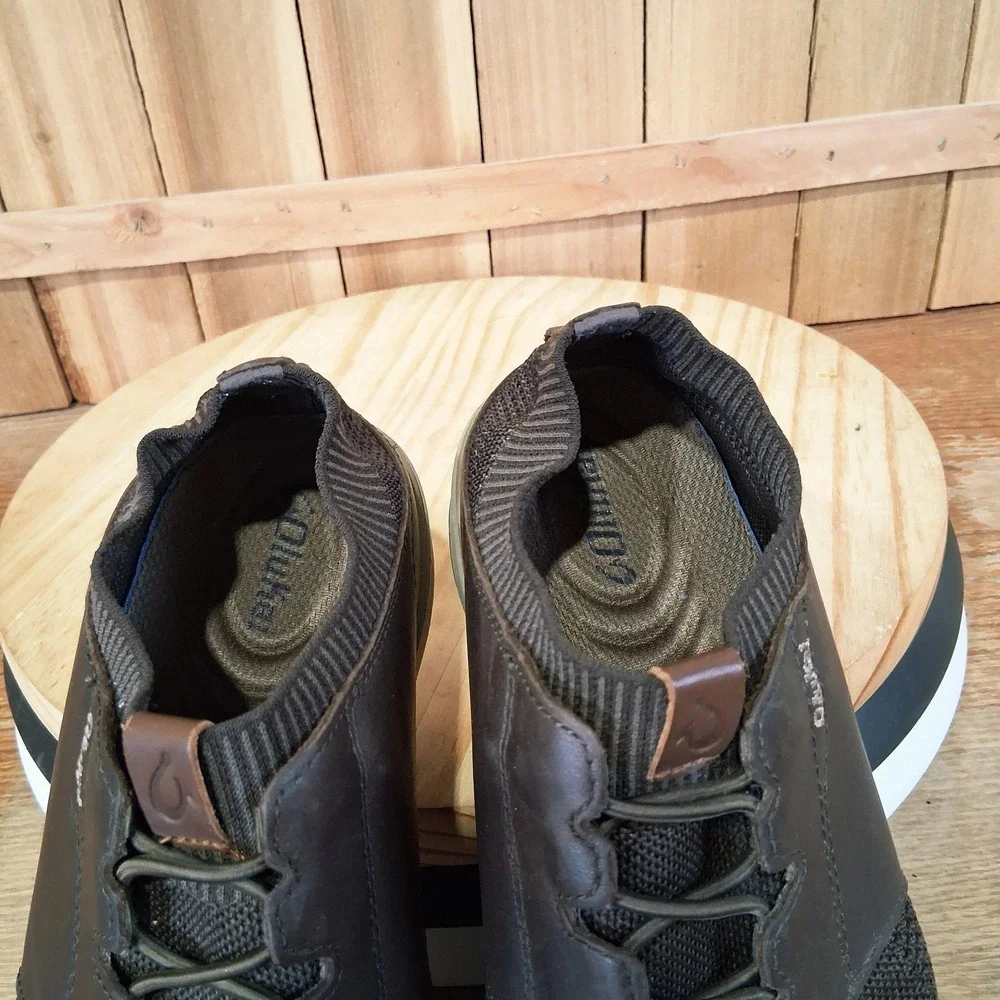OluKai Makia Ulana Shoes Mens Size 8.5 Brown‎ Leather Knit Casual Sneakers