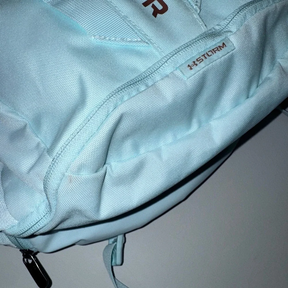 Under Armour Hustle 5.0 Backpack Light Blue Rose Gold UA Storm School Gym Bag