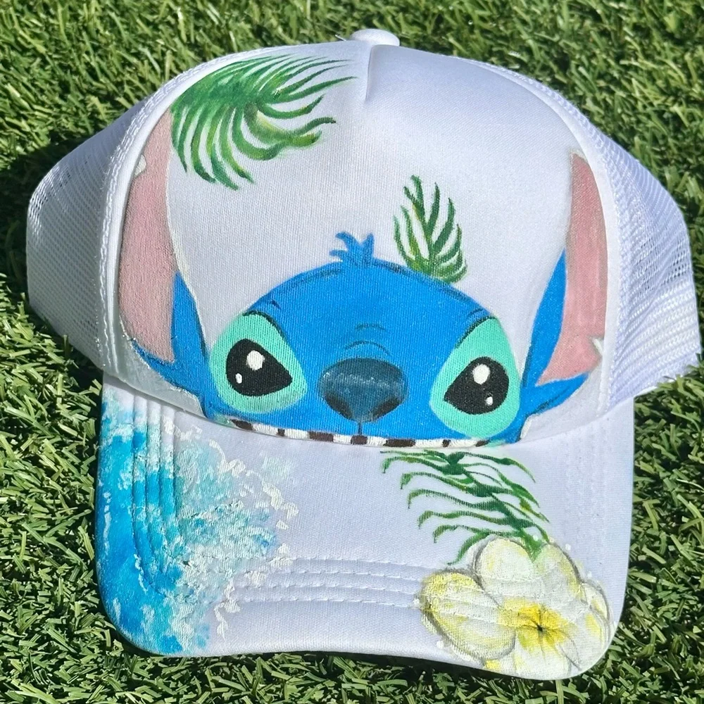 Stitch Cat Blue and White with Tropical Design Hat Handmade Adjustable