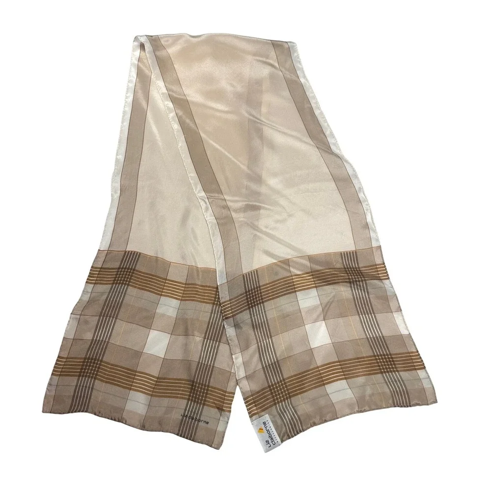 Vintage Liz Claiborne Long Silk Scarf Beige Plaid Preppy Hand Rolled 50
