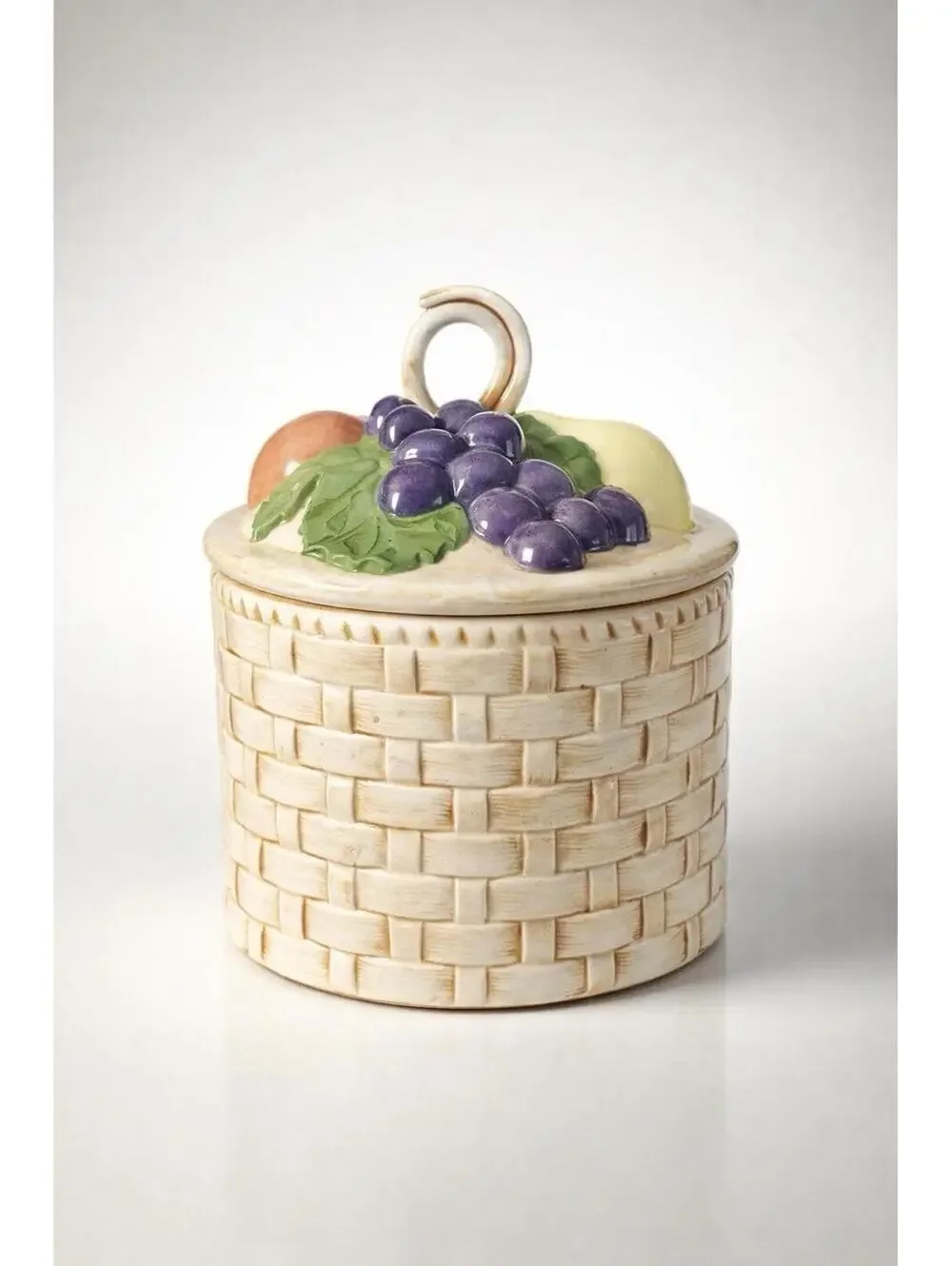 Vintage Ceramic Basket Weave Cookie Jar with Fruit and Flower Lid