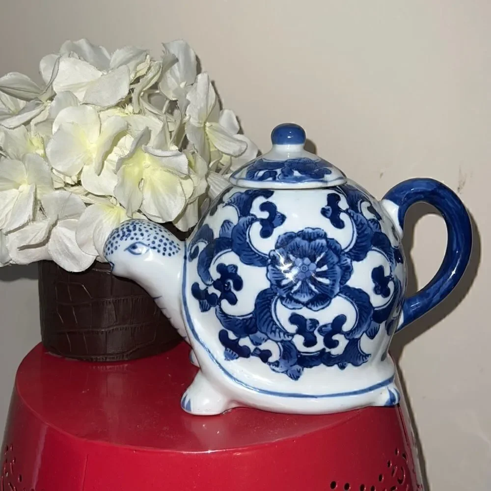 Blue & White Floral Turtle Teapot Tortoise Vintage China Unique Kitsch FLAW