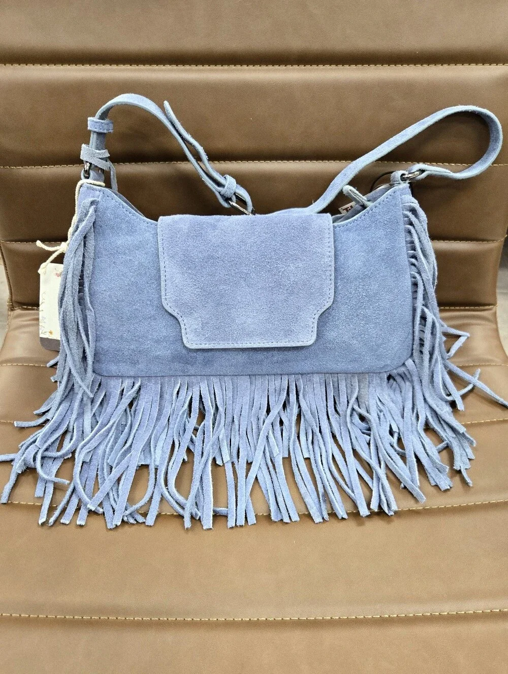 Haute Hippie Light Blue Suede Fringe Shoulder Bag