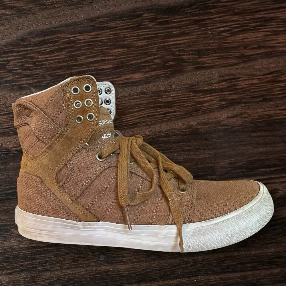 Supra Muska High Top Sneakers 001 Skytop Size 6.5‎ Mens Khaki Tan Canvas EUC