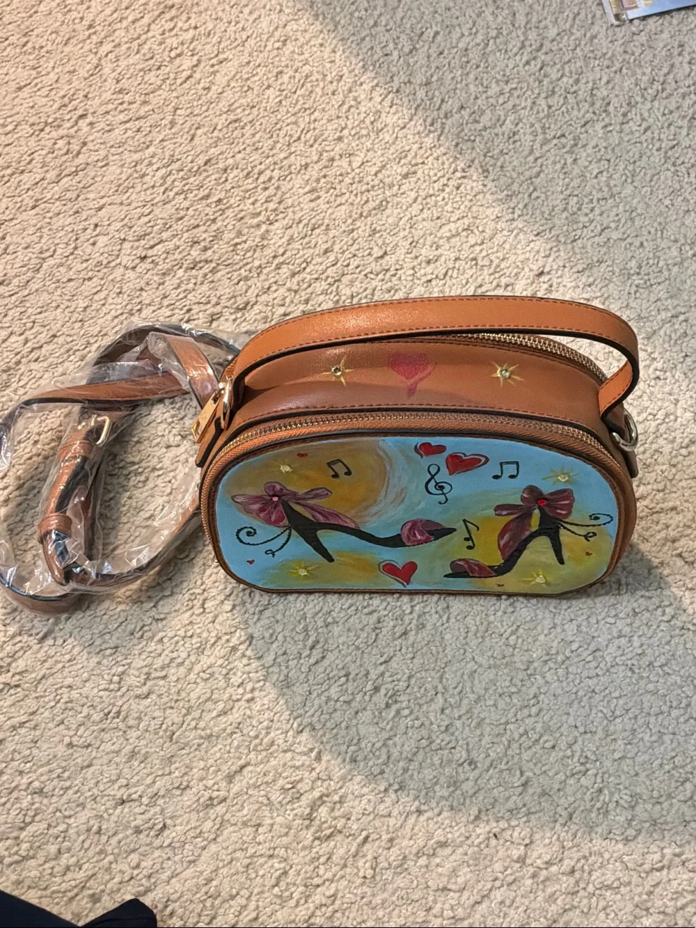 Hand-Painted Brown Crossbody Bag with Pink Accents