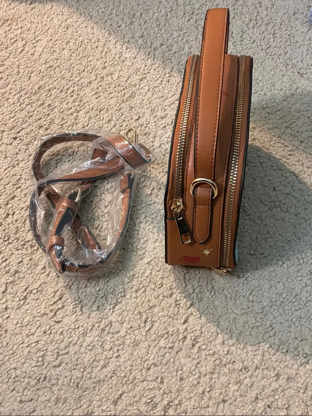 Hand-Painted Brown Crossbody Bag with Pink Accents
