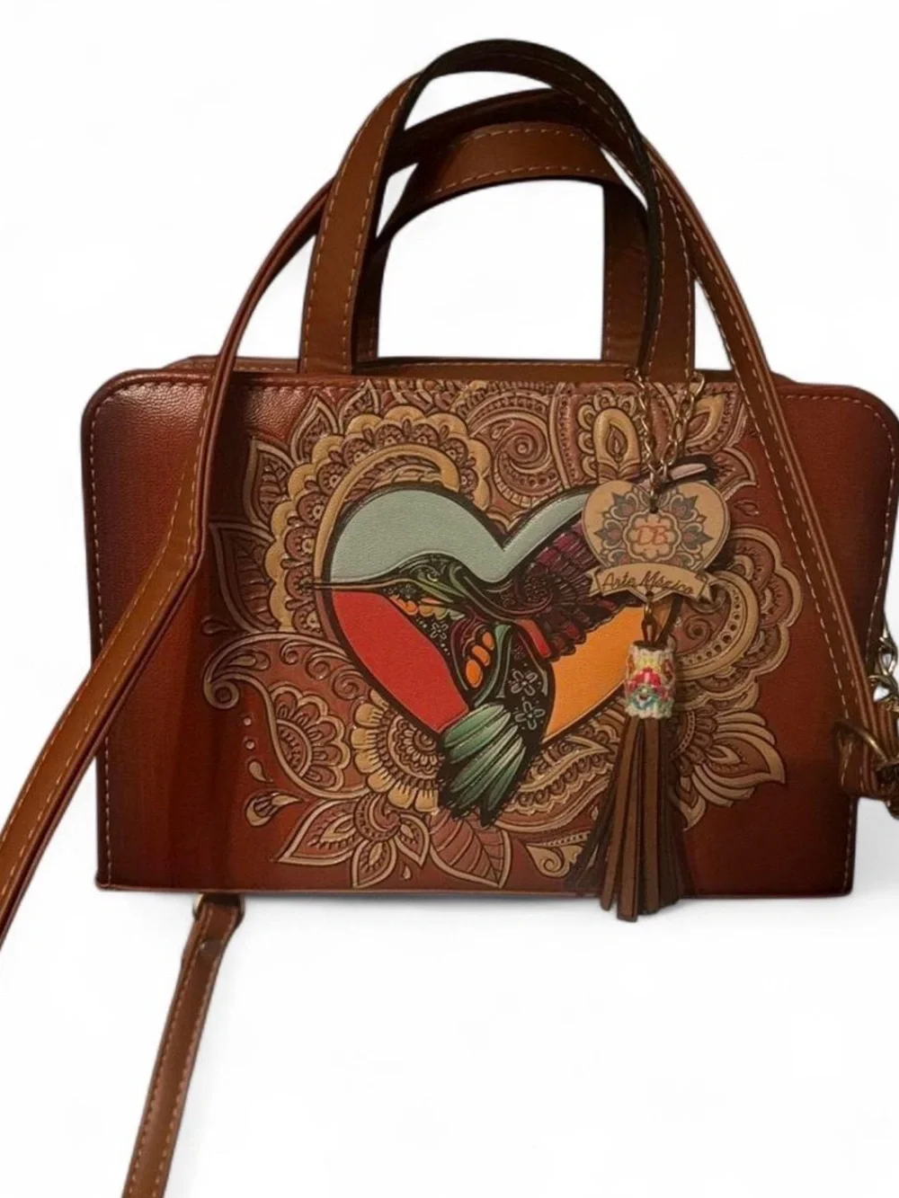 Brown Heart & Hummingbird Vegan Leather Tote Bag