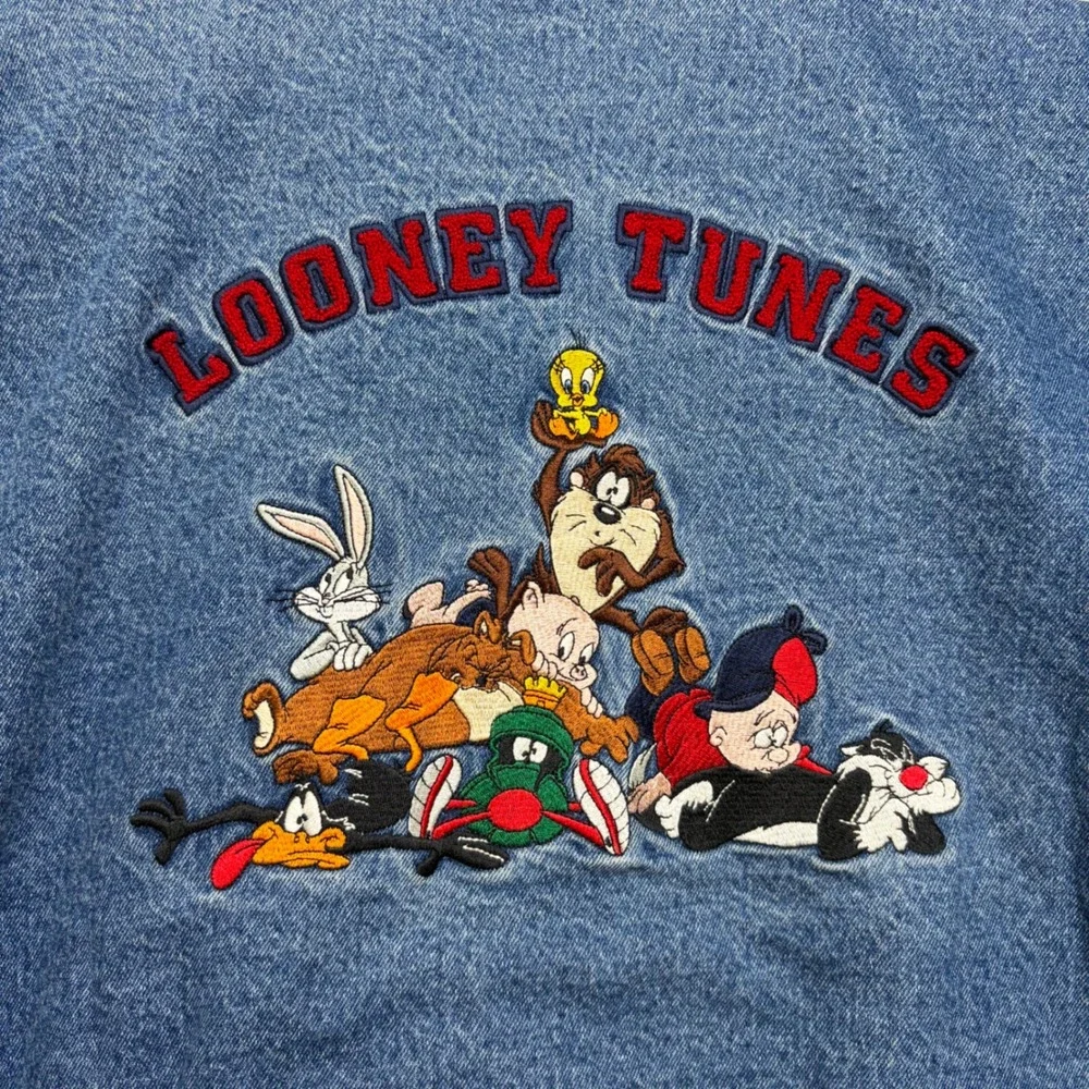 Warner Bros Looney Tunes Varsity Jacket Mens XXL Denim 90s Vintage Embroidered