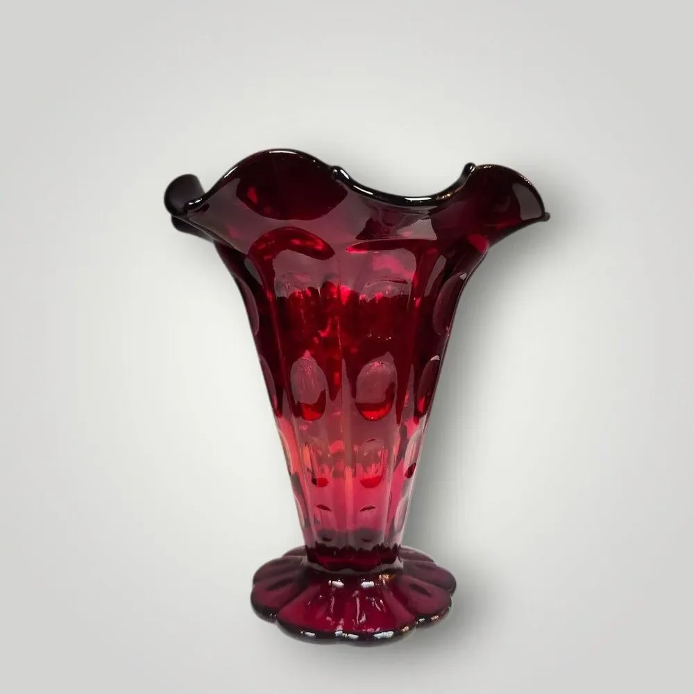 Vintage Fenton Ruby Red Thumbprint Footed Tulip Vase 6