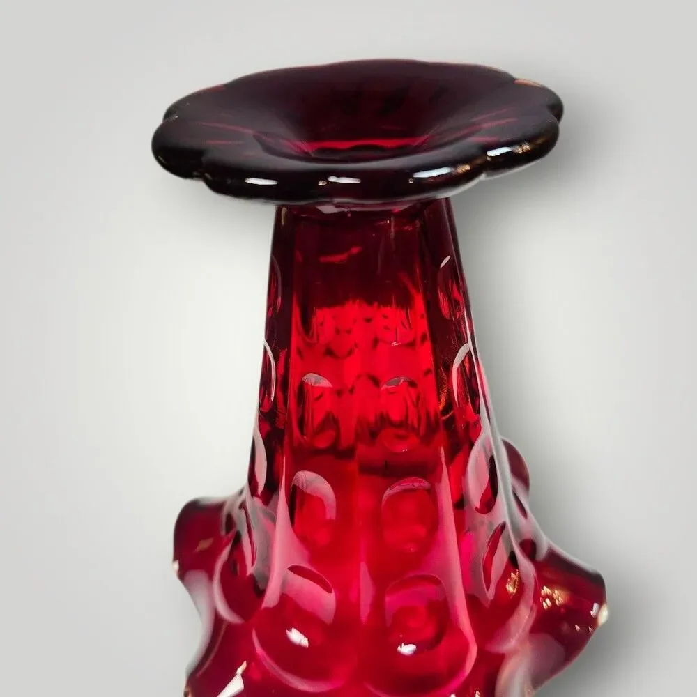 Vintage Fenton Ruby Red Thumbprint Footed Tulip Vase 6
