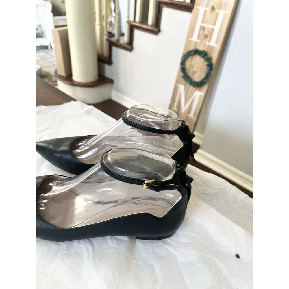 Cole Haan Black Pointed Leather Ankle Strap Flats