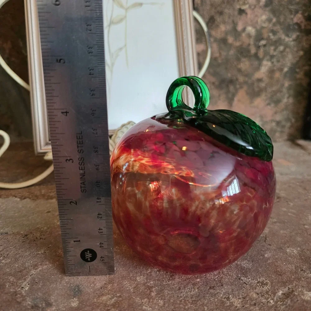 Vintage Hand Blown Art Glass Apple Paperweight Red Pink Mottled Green Leaf Fall