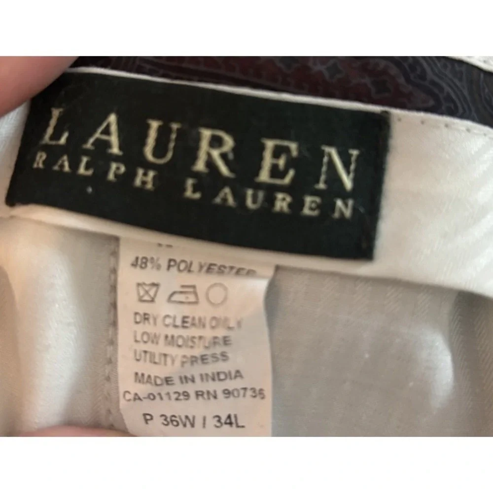 Lauren Ralph Lauren Dress Pants Men 36x34 Poly Blend Pleated Khaki Cuffed Trouse