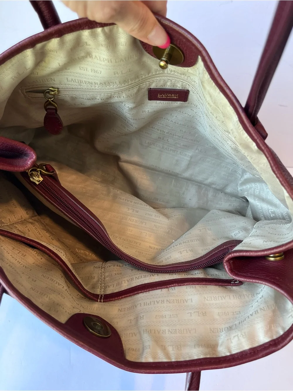 Lauren Ralph Lauren Burgundy Leather Large Tote Bag