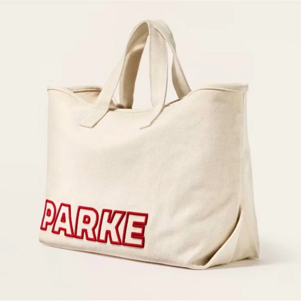 Parke Canvas Tote Bag Cream Red Embroidered Logo Large Travel Beach natural NWT‎