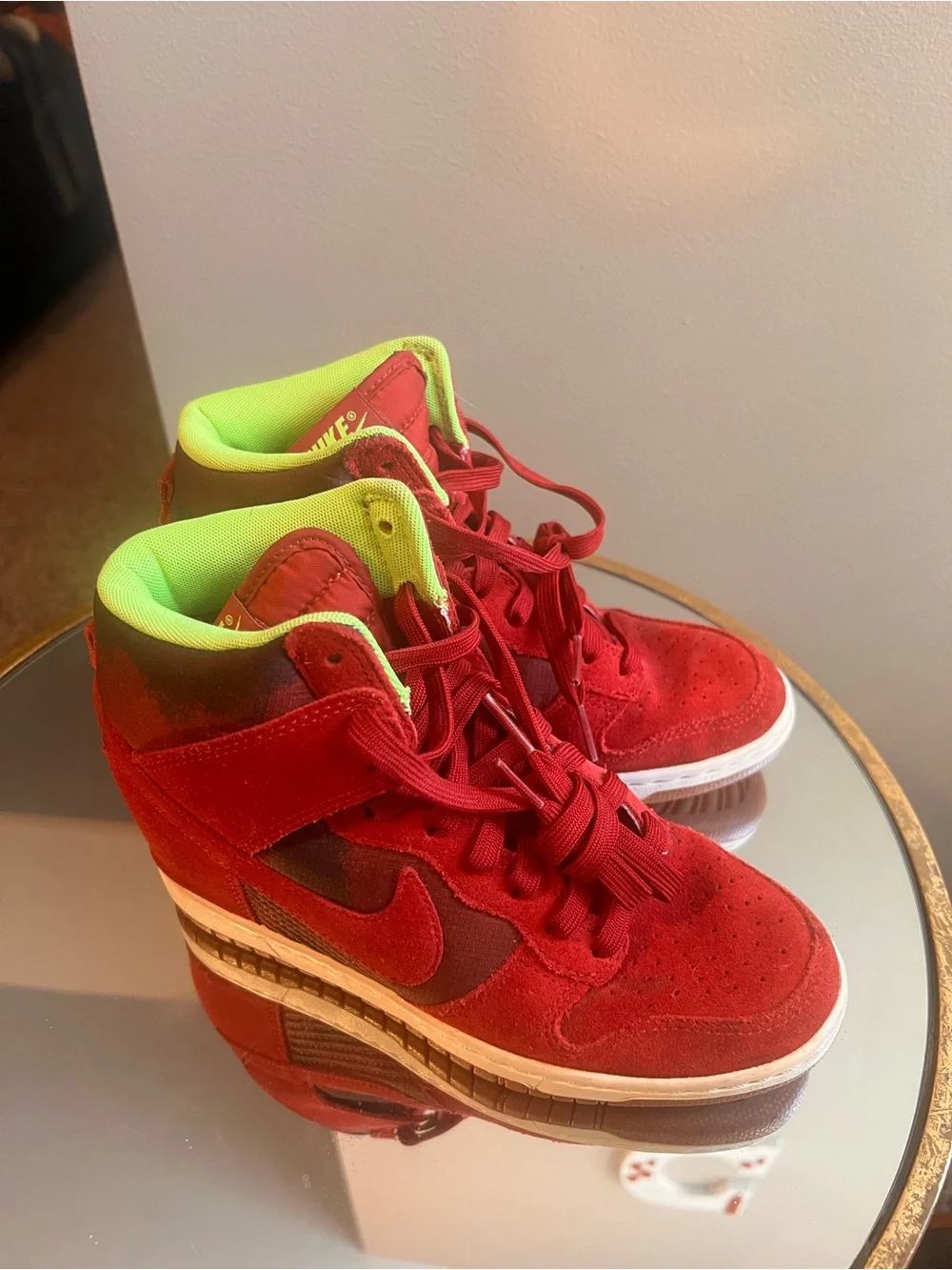 Nike Deep Red Suede High-Top Wedge Dunks with Neon Green Lining