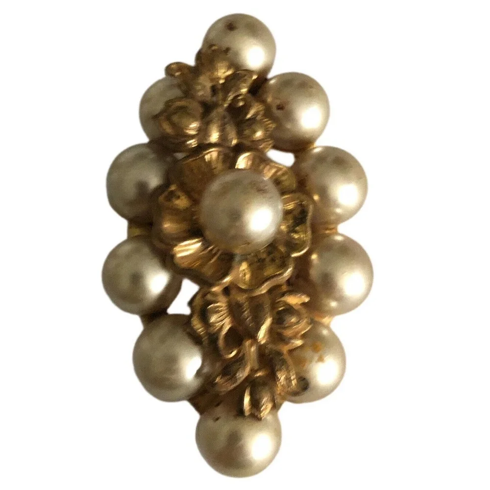 Vintage Bold Edwardian Rare Dimensiona Pearl Brass Floral Stamping Center Pin
