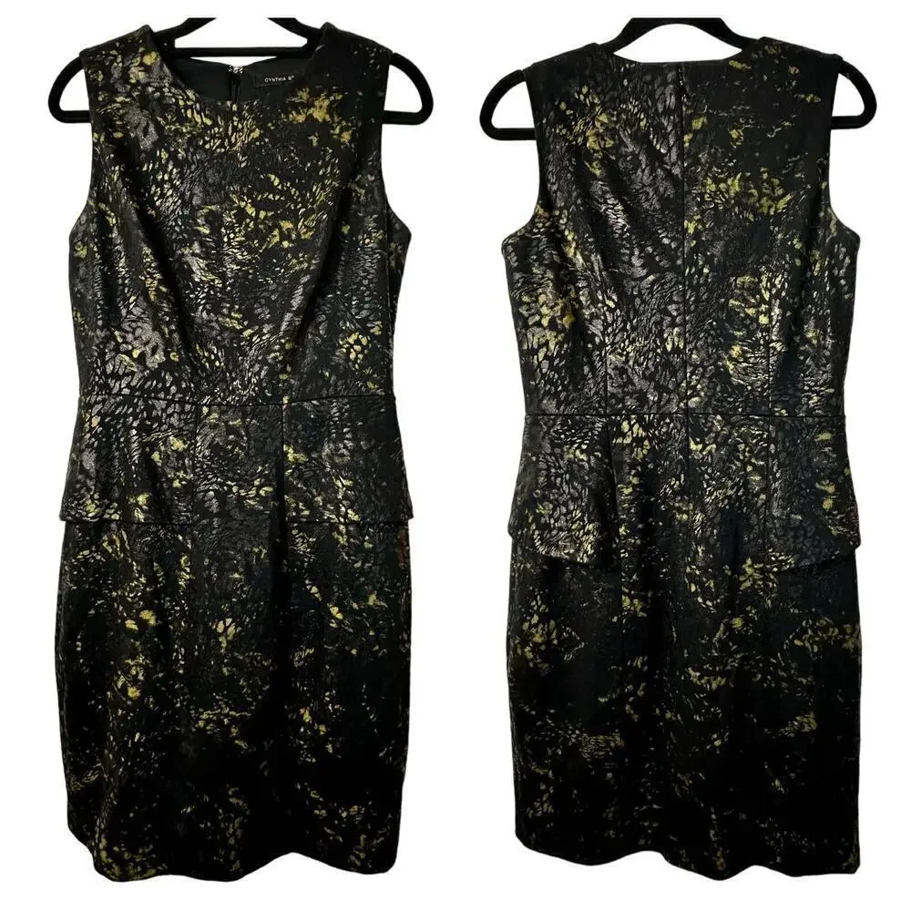 Cynthia Steffe Dress Peplum Sheath Mini Sleeveless Snake Reptile Black Gold 8